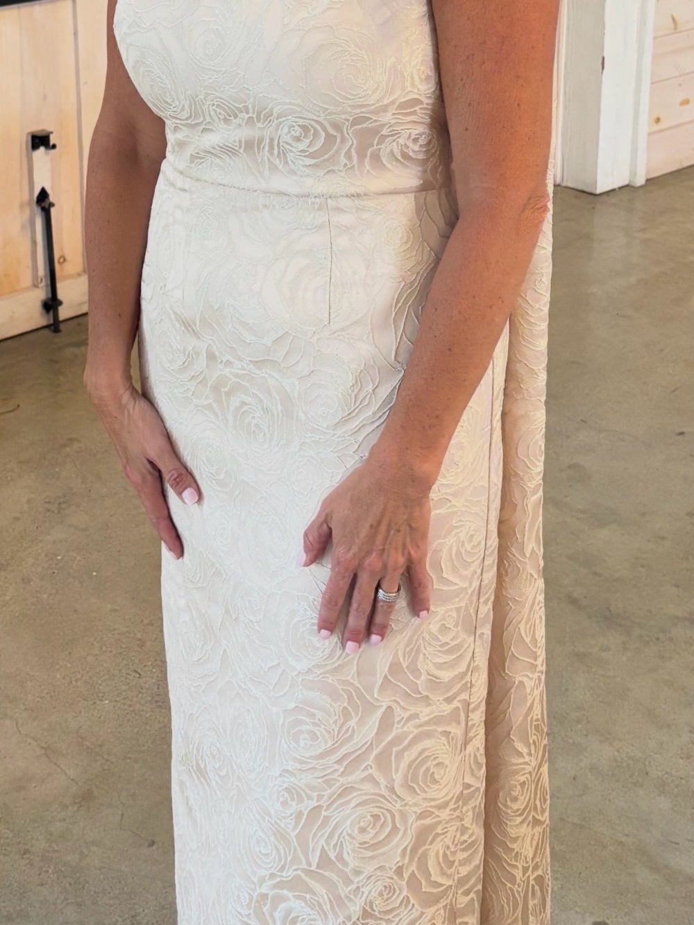 Alex Marie Cream Rose-Embossed Sheath Wedding Gown